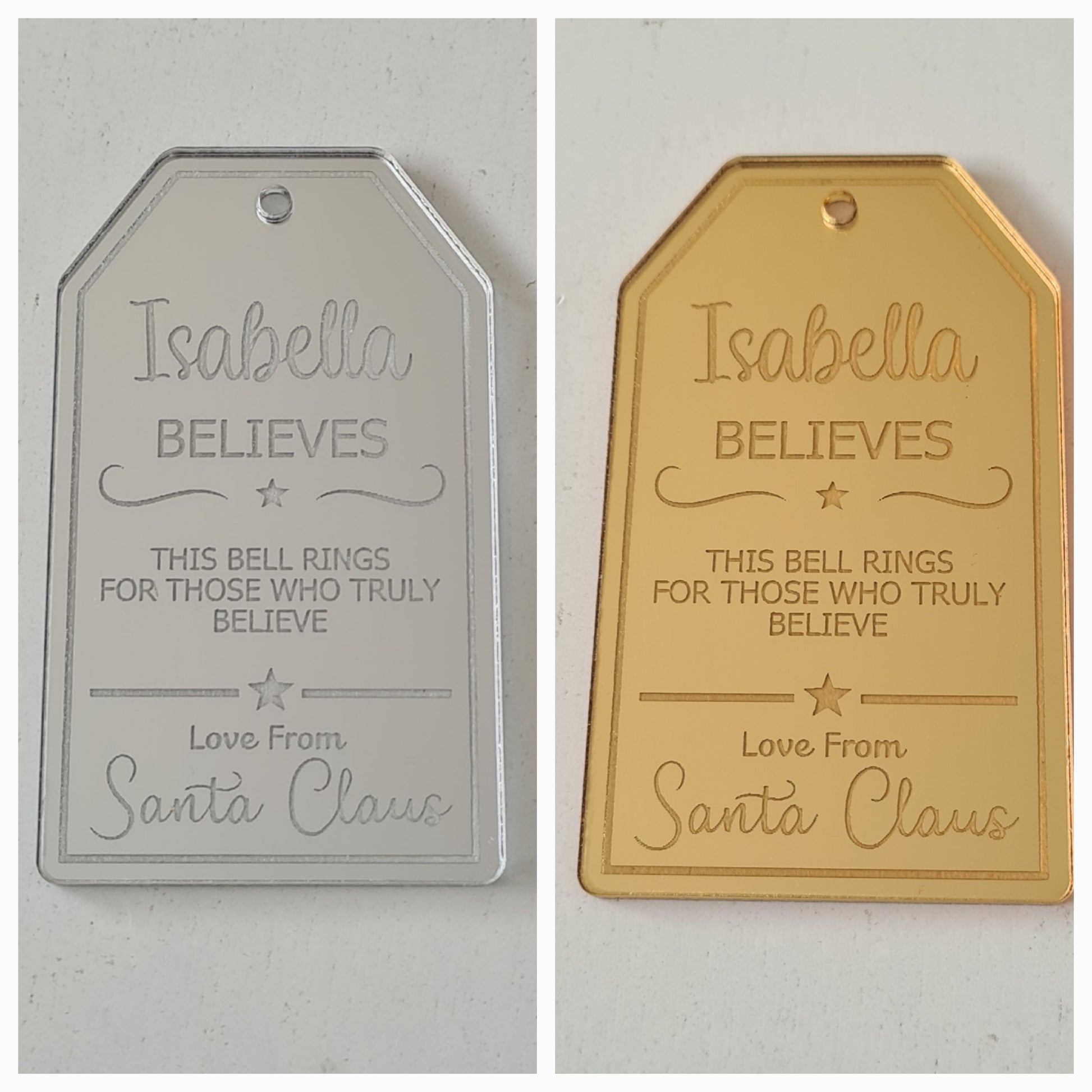 Personalised Acrylic Believe Bell Tag, Mirror Acrylic - Mackie Direct