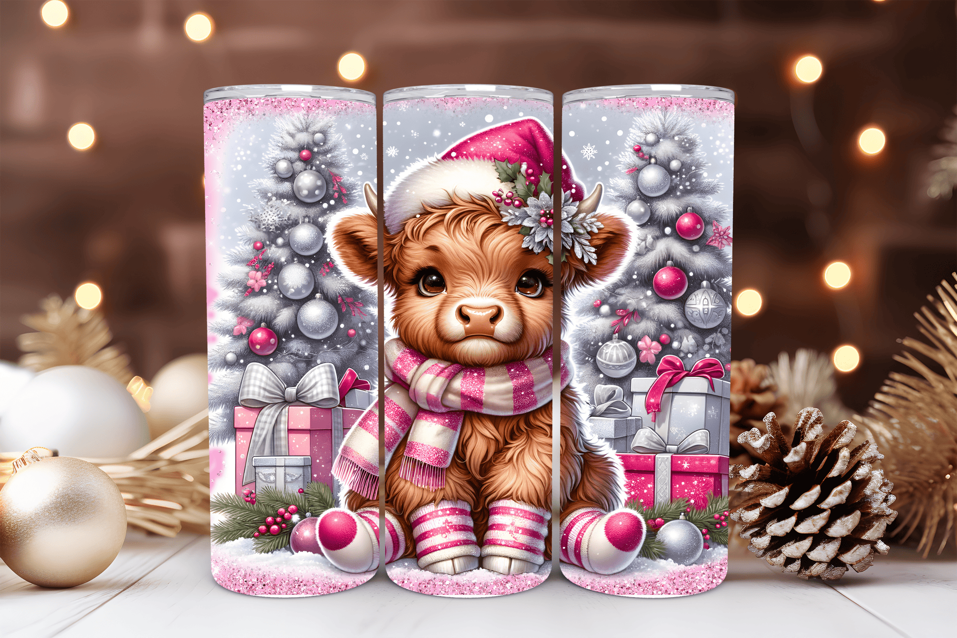 20oz Skinny Tumbler Sublimation Print - Christmas Highland Cow - Mackie Direct