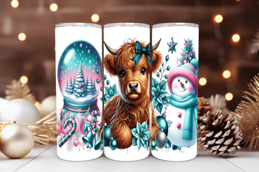 20oz Skinny Tumbler Sublimation Print - Christmas Highland Cow - Mackie Direct