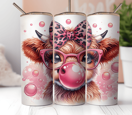 20oz Skinny Tumbler Sublimation Print - Highland Cow Bubblegum & Glasses - Mackie Direct