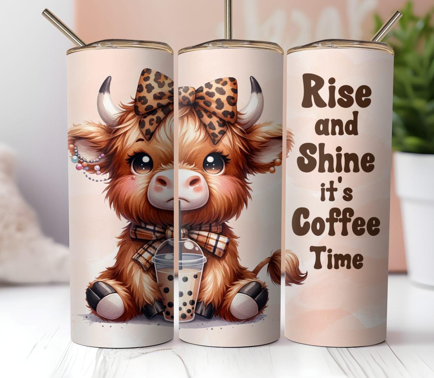 20oz Skinny Tumbler Sublimation Print  - Highland Cow Rise & Shine