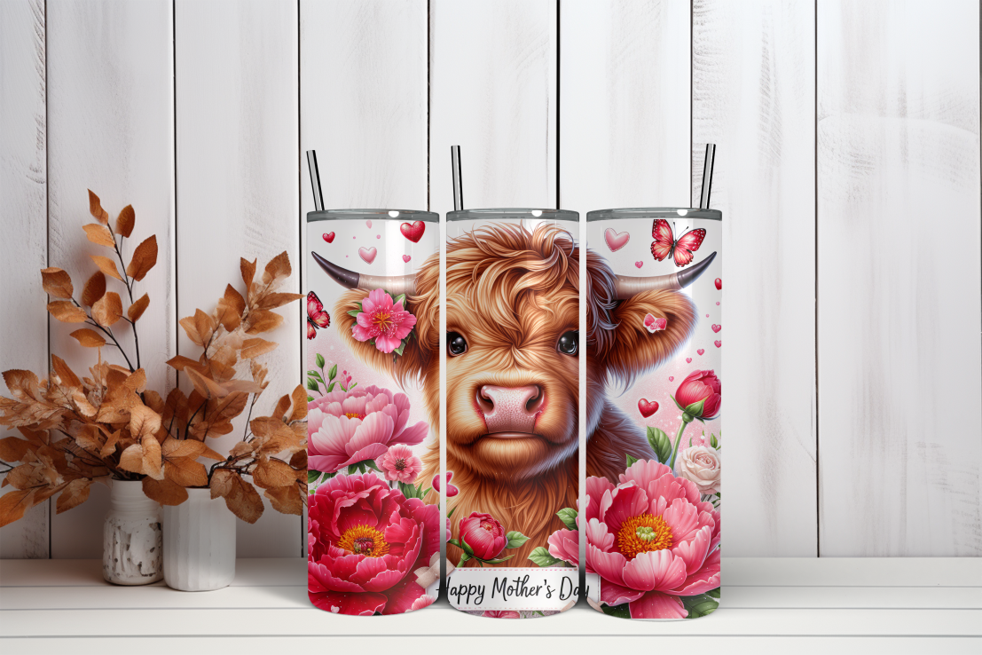 20oz Skinny Tumbler Sublimation Print  - Highland Cow Mothers Day - Mackie Direct