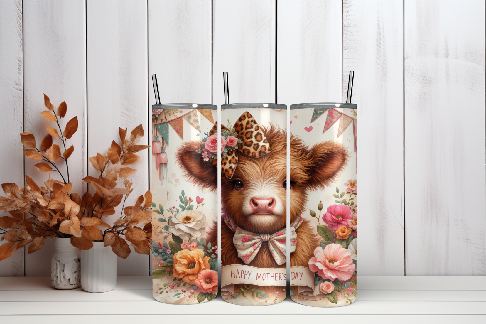 20oz Skinny Tumbler Sublimation Print  - Mothers Day Highland Cow - Mackie Direct